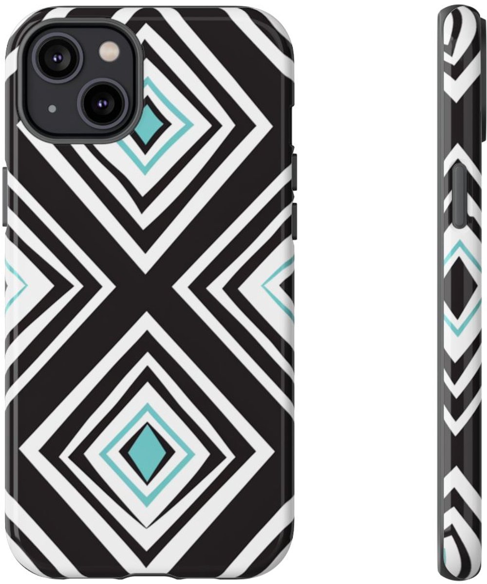 Geometrisch Zwart-Turquoise Diamantpatroon – Telefoonhoesje Geschikt voor iPhone 14 Plus