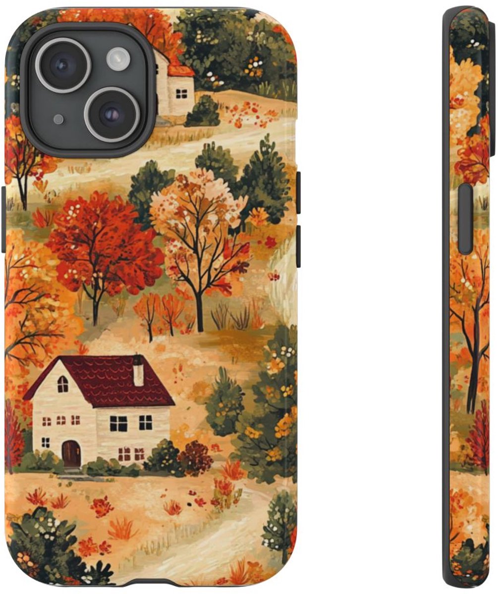 Herfstlandschap met Huizen – Telefoonhoesje Geschikt voor iPhone 15