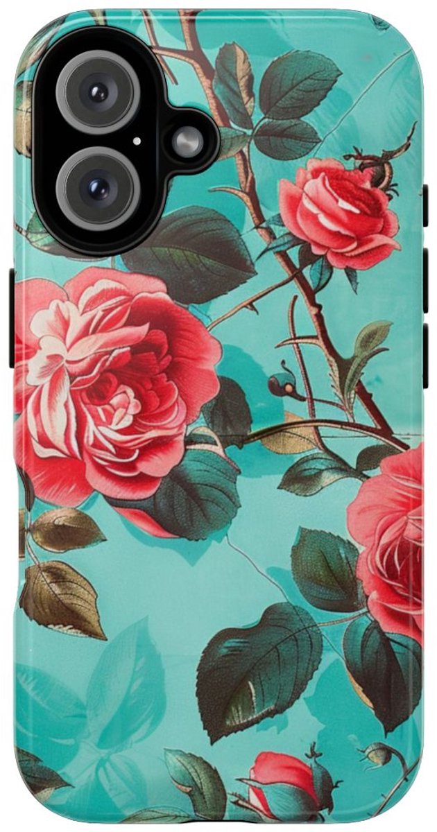 Rode Rozen op Turquoise Achtergrond – Telefoonhoesje Geschikt voor iPhone 16