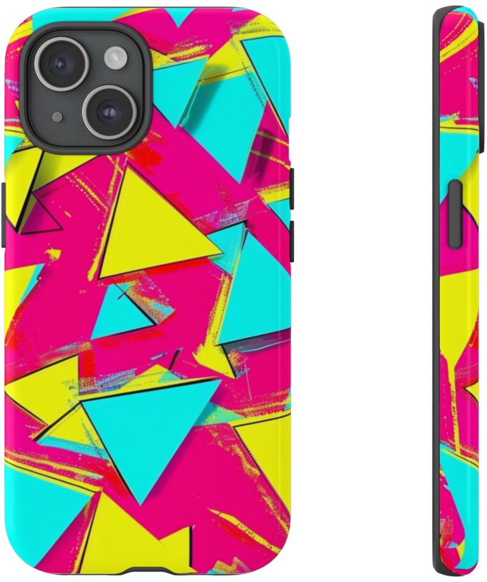 Neon Driehoeken Abstract Patroon – Telefoonhoesje Geschikt voor iPhone 15