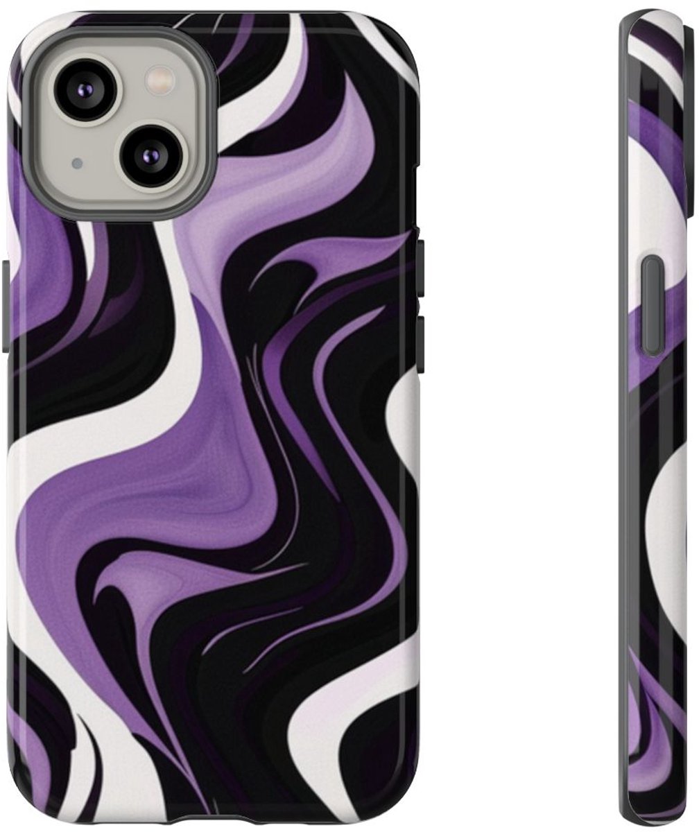 Zwart-Wit-Paarse Golvende Abstracte Print – Telefoonhoesje Geschikt voor iPhone 14