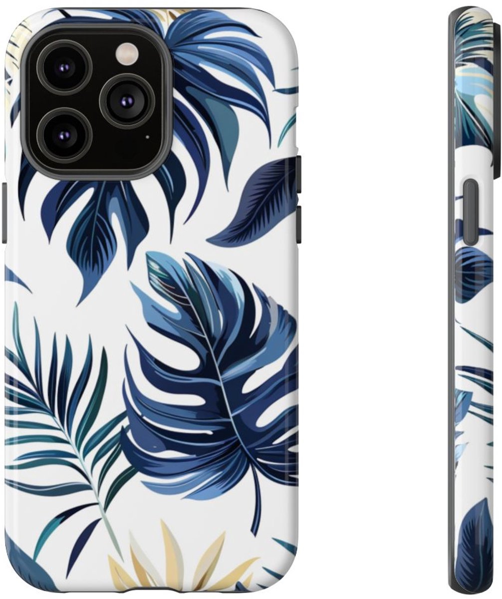 Blauwe Tropische Bladeren Patroon – Telefoonhoesje Geschikt voor iPhone 14 Pro Max