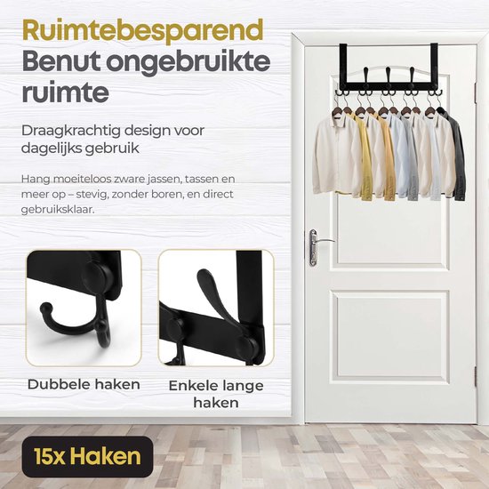 Bene Vivere® Deurkapstok – Zwarte Metalen Ophanghaak zonder Boren – Ruimtebesparend — afbeelding 2