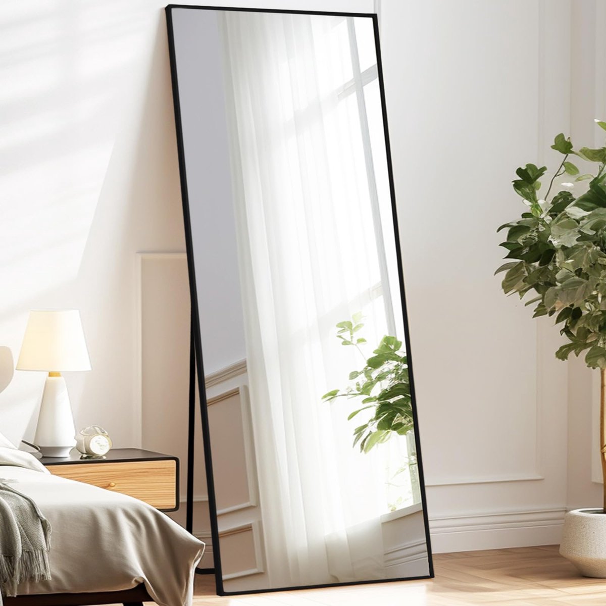 Melodieux Grote Spiegel 180x76cm Grote Vrijstaande Spiegel Zwarte Aluminium Frame Kapspiegel Wandmontage Wandhangende Leunspiegel voor Woonkamer Slaapkamer