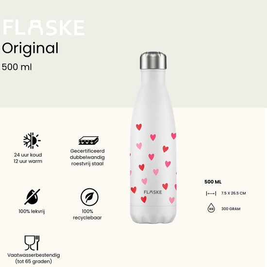 Witte drinkfles met rode en roze hartjes, met informatie over de kenmerken.