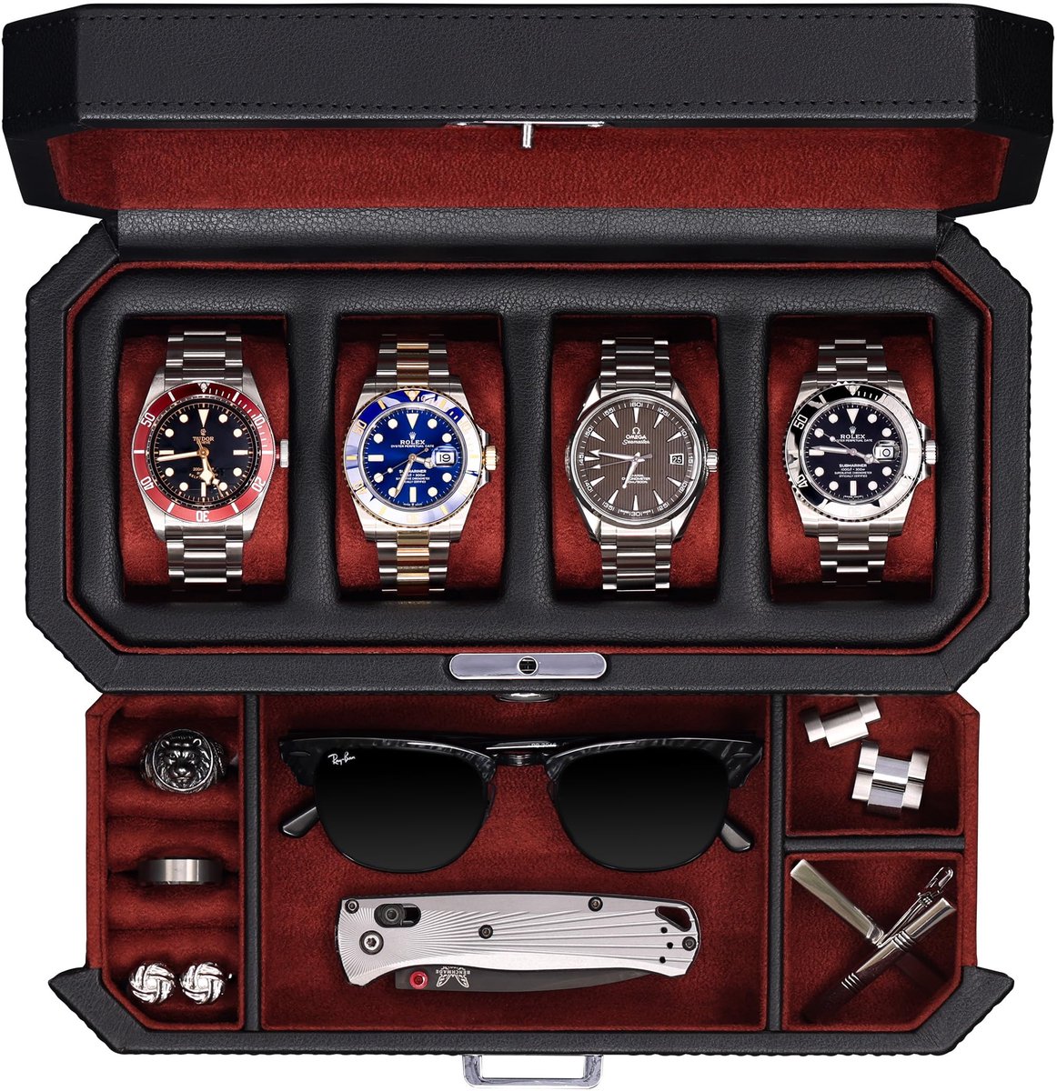ROTHWELL leren horlogebox met 4 vakken en opberglade - Luxe sieradenorganizer, afsluitbare displaycase met echt glazen bovenkant - Horlogeboxorganizer voor mannen en vrouwen (rood)