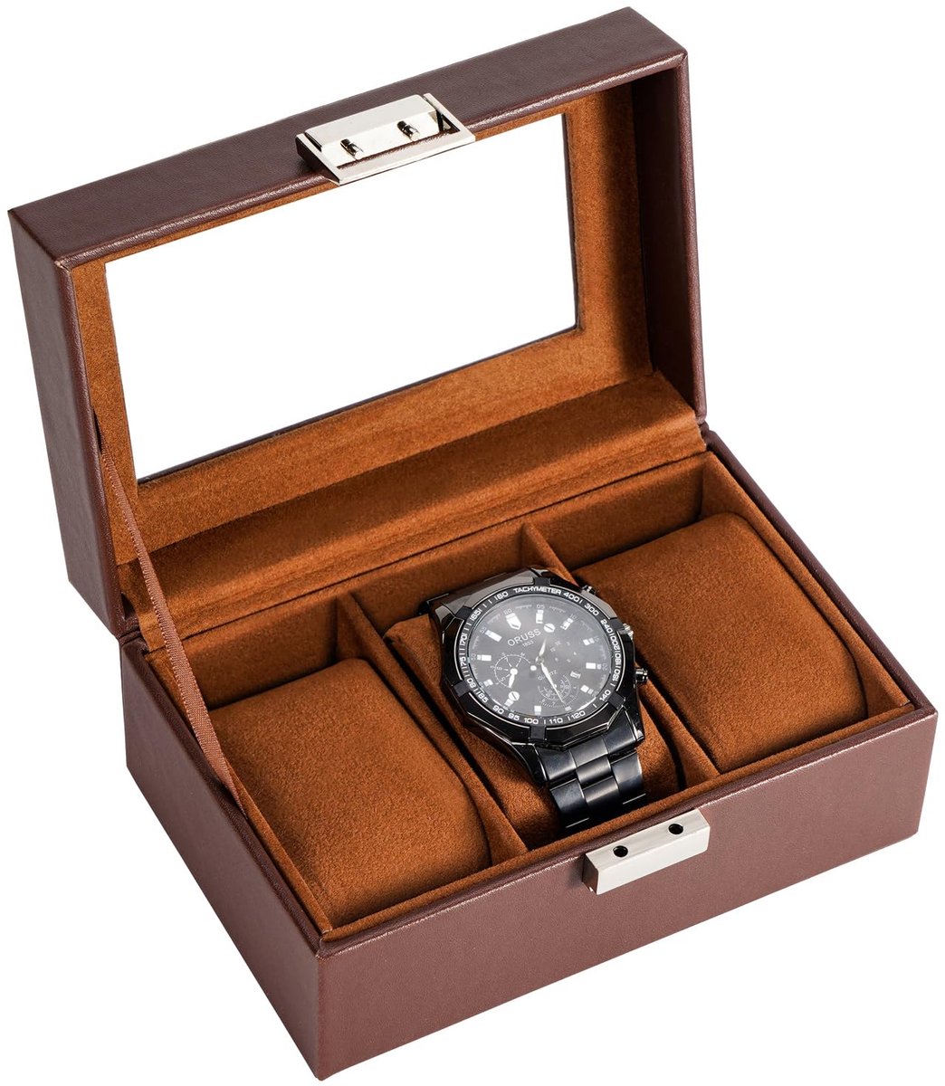 ProCase Horlogebox met 3 compartimenten, Horlogekast met glazen deksel, Horlogekast met horlogekussen, Horloge opbergruimte, Premium Horlogebox, PU leren horlogekast, Horlogebox voor heren - 3 compartimenten, Bruin