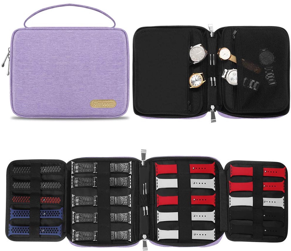 SIMBOOM Horlogebandorganizer, opbergtas voor 20 bandjes, nylon horlogebandorganizer voor horlogebandjes en pennen, paars