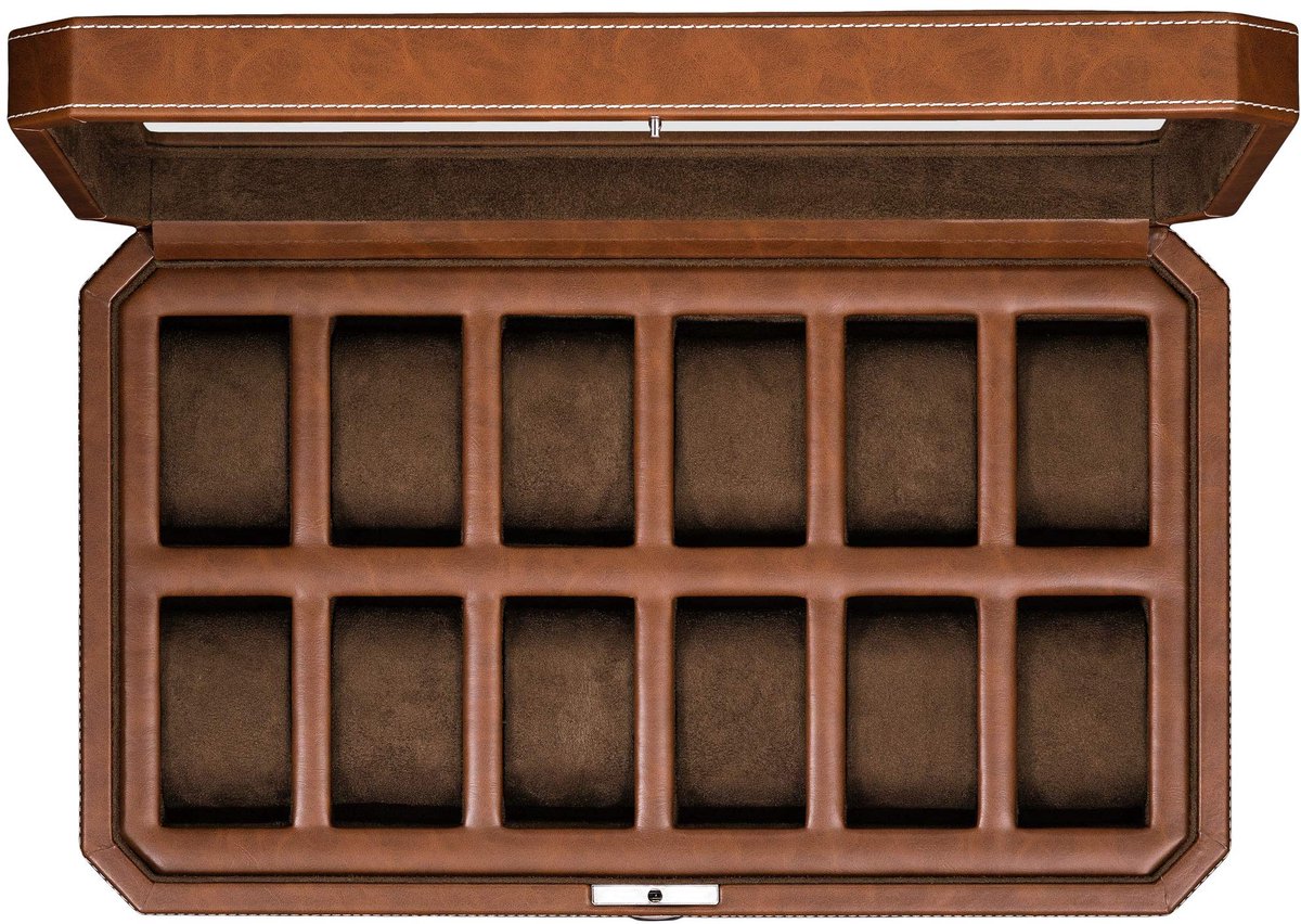 ROTHWELL 12-delige leren horlogebox voor heren - Luxe horlogekast display organizer, opbergboxen voor heren met grote glazen deksel (zwart-grijs)