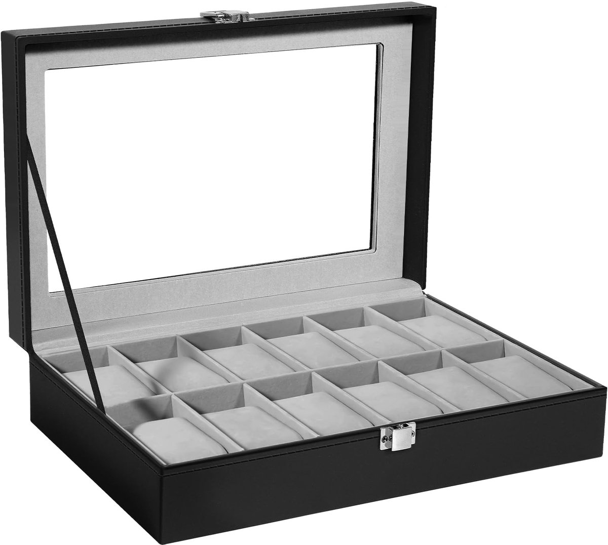 Uten horlogebox voor 12 horloges, horlogekast van PU en fluwelen voering met helder venster, horlogekast cadeau