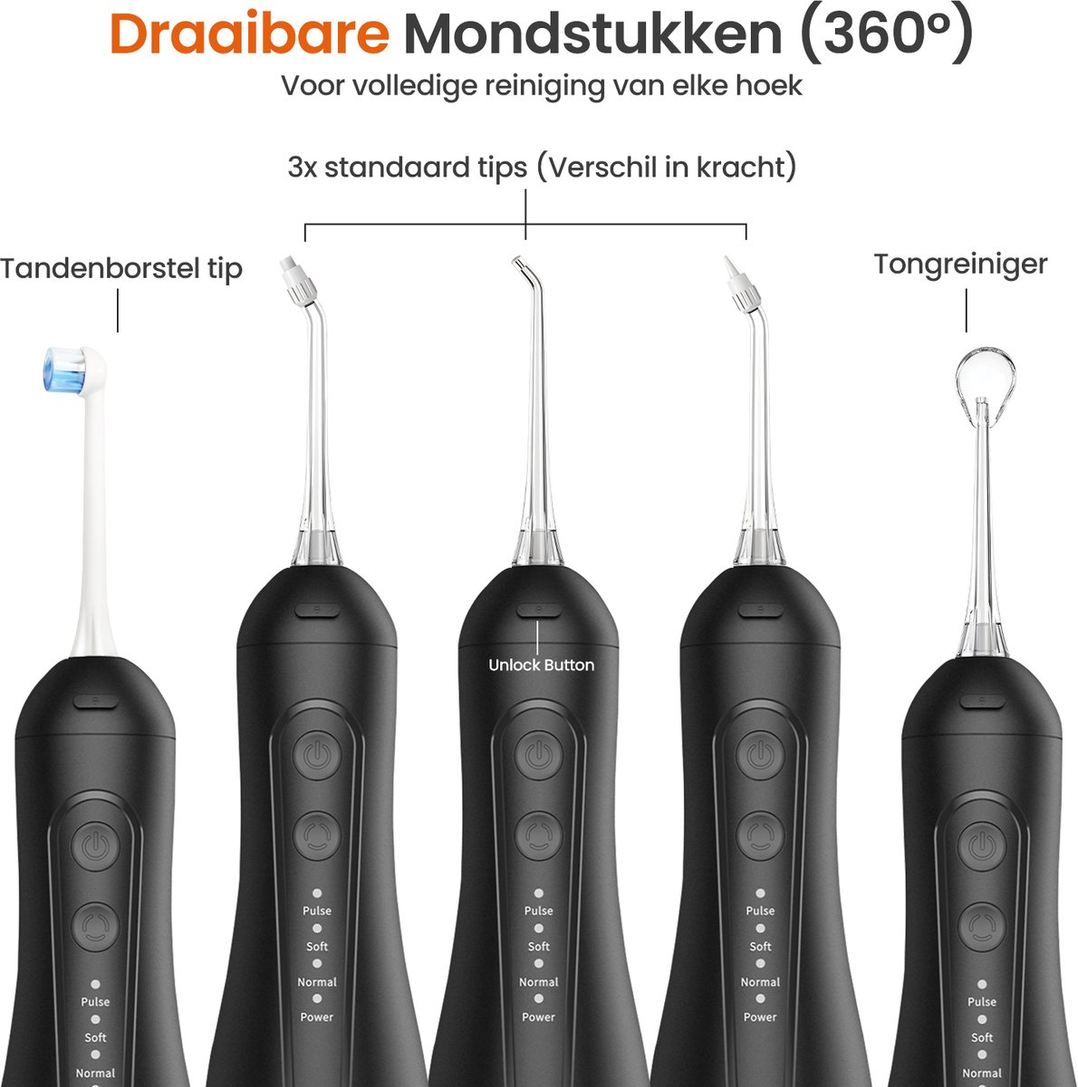 Goliving Waterflosser - 5 Opzetstukken - 4 Standen - Incl. Reistasje - Monddouche 300 ml - Elektrisch Flosapparaat - Draadloos & USB Oplaadbaar - Zwart thumbnail 3