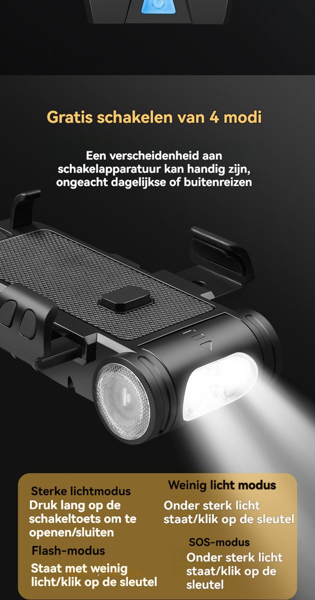 OnmiMart 5in1 Telefoonhouder Fiets + Fietslamp USB Oplaadbaar -3500 mAh grote batterij + dubbele T6 LED + 130 dB luidspreker + draadloos opladen + IPX6 waterdicht--MTB & Racefiets Verlichting — afbeelding 4