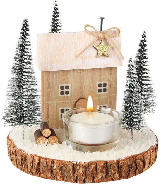 Décoratif | Table basse avec maison et arbres, vert/naturel, bois, 14x14x13cm | A255508