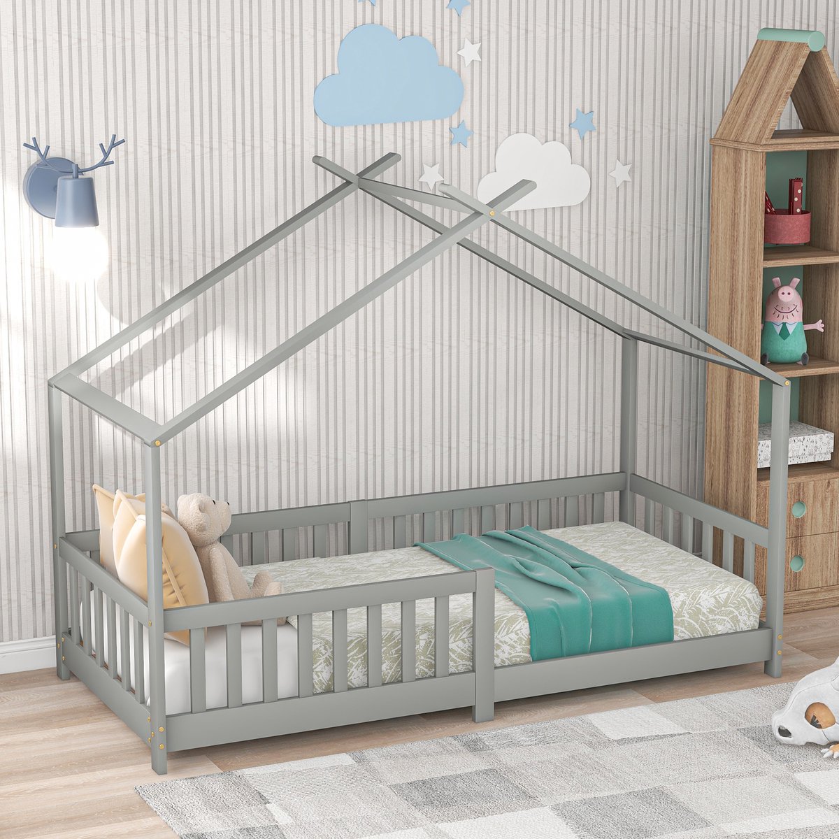 SINGULARITY Kinderbed -Massief hout-met hek en lattenbodem-Huis buitenkant-Grijs-200x90 cm-Zonder matras