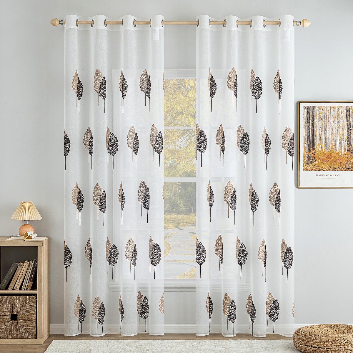 Ibenzoa Transparante Woonkamergordijnen met Bladmotief voor Herfstdecoratie, Set van 2 Stuks bruin