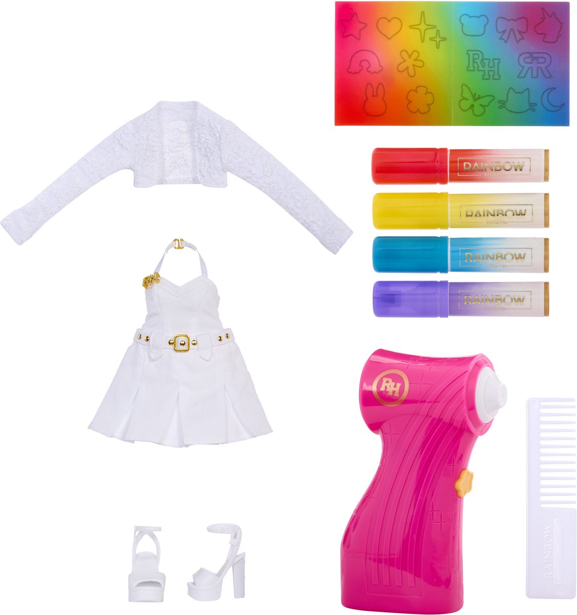 Rainbow High Air Brush & Create - 1 Poupée Mannequin DIY avec Kit Airbrush Market Kit, Marqueurs Arc-En-Ciel Lavables, Cheveux Longs, Yeux Violet, Jeu Créatif de 4 ans à 12