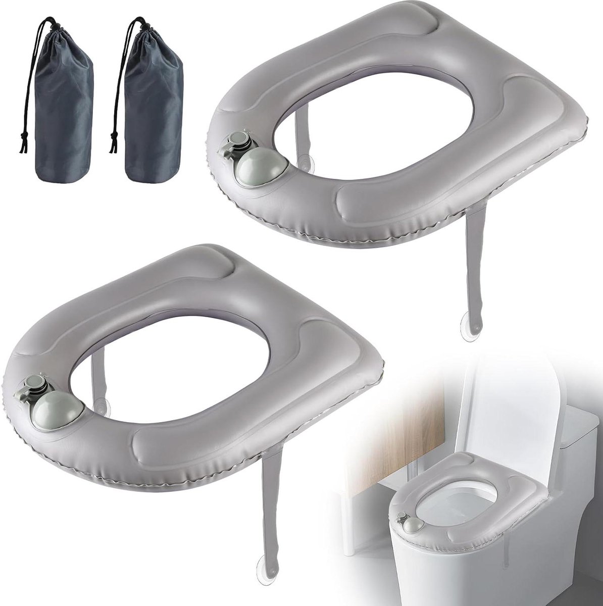 2x Opblaasbare Toiletverhoger - Met Zuignap - Voor Ouderen & Pijnverlichting Stuitje - Grijs