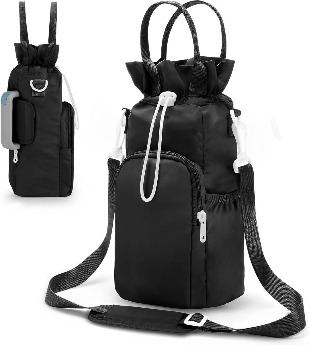 Allecto Plus - Waterfles drager tas met geïsoleerd compartiment - Ideaal voor hands-free wandelen en sport - Accessoires voor wandelen, reizen en camping - Zwart - Duurzaam en praktisch.