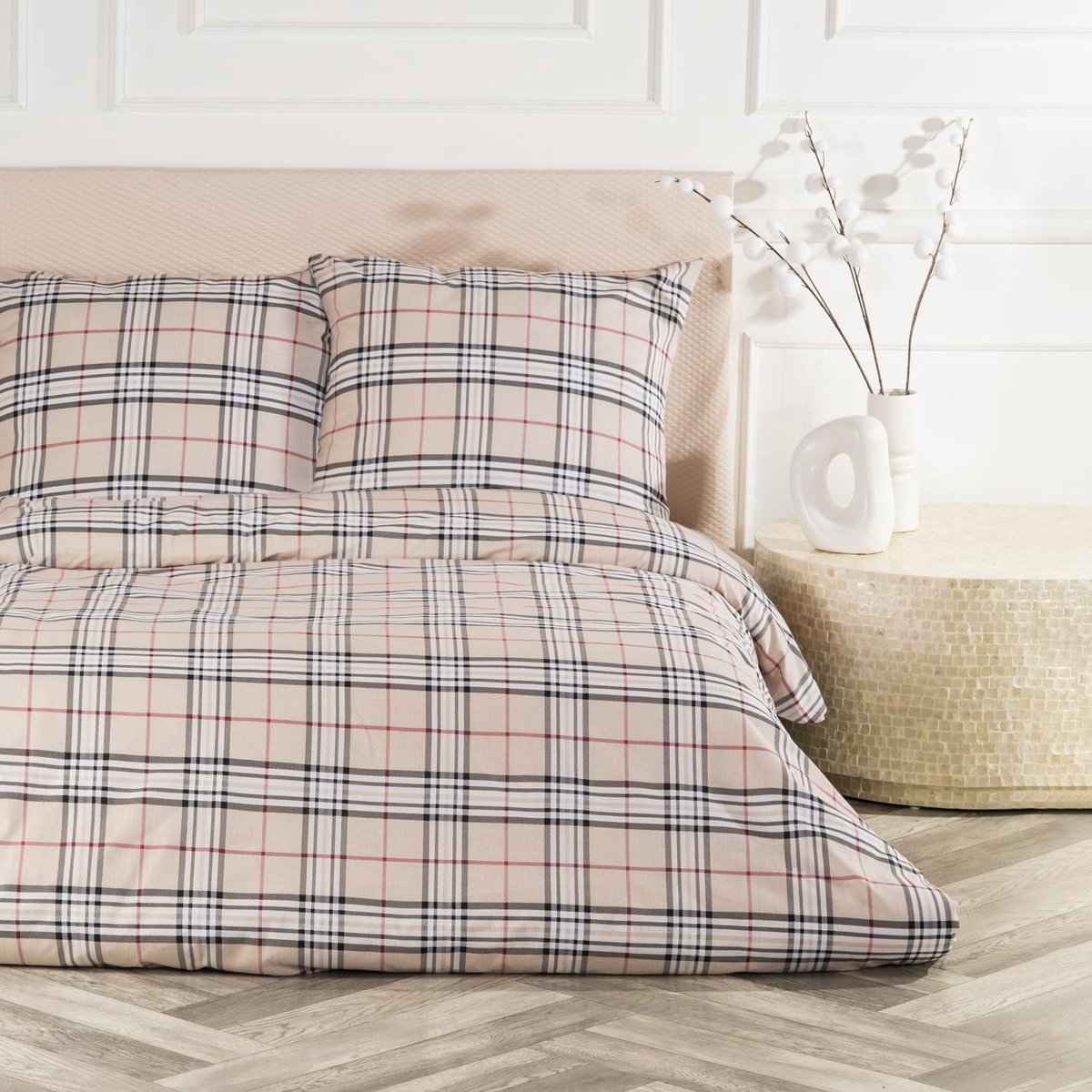 Ibenzoa Hoogwaardig Luxe Beddengoedset van 100% Katoen met Ritssluiting, 155 x 220 cm, Beige Ruitpatroon