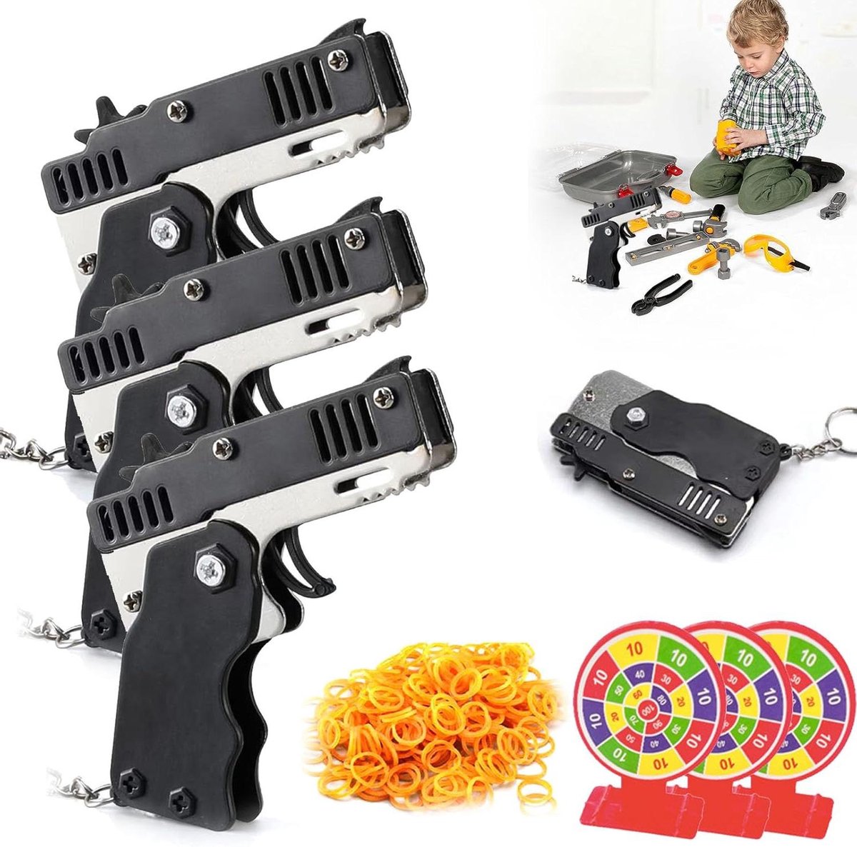 Allecto Plus - Metalen Mini Rubberen Bandpistool | Speelgoed voor kinderen | Opvouwbaar handgemaakt elastiek pistool | Inklapbaar | 180 elastieken