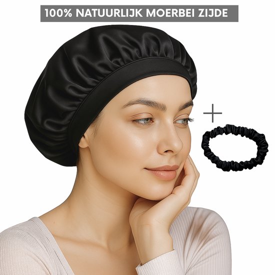 Zwarte zijden slaapmuts met bijpassend haarelastiekje.