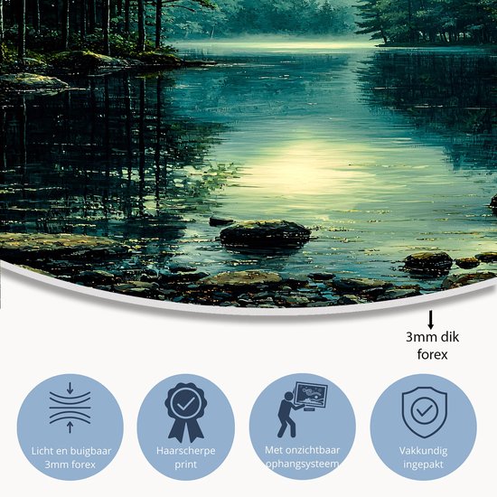 Spiegelend meer in boslandschap - Natuur muurcirkels - Rond wandpaneel meer - Realisme kunststroming - Wandobject Forex rond - Slaapkamer wandkunst - muurcirkel forex 80x80 cm
