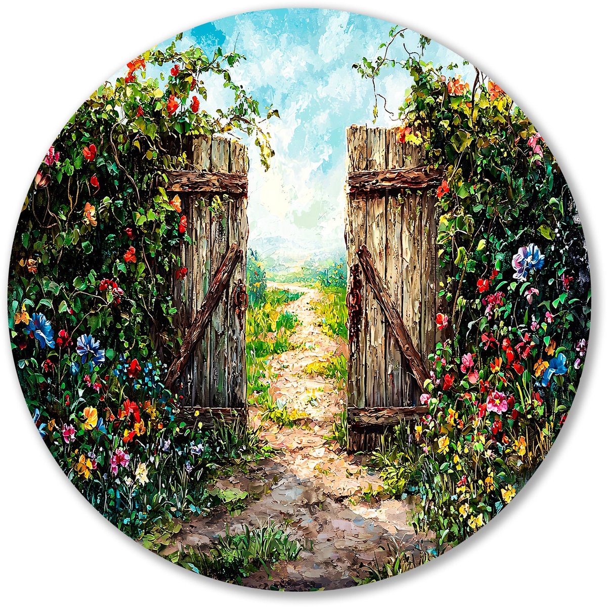 Sfeervolle tuinpoort met bloemen - Tuin muurdecoratie rond - Rond kunstwerk poort - Impres