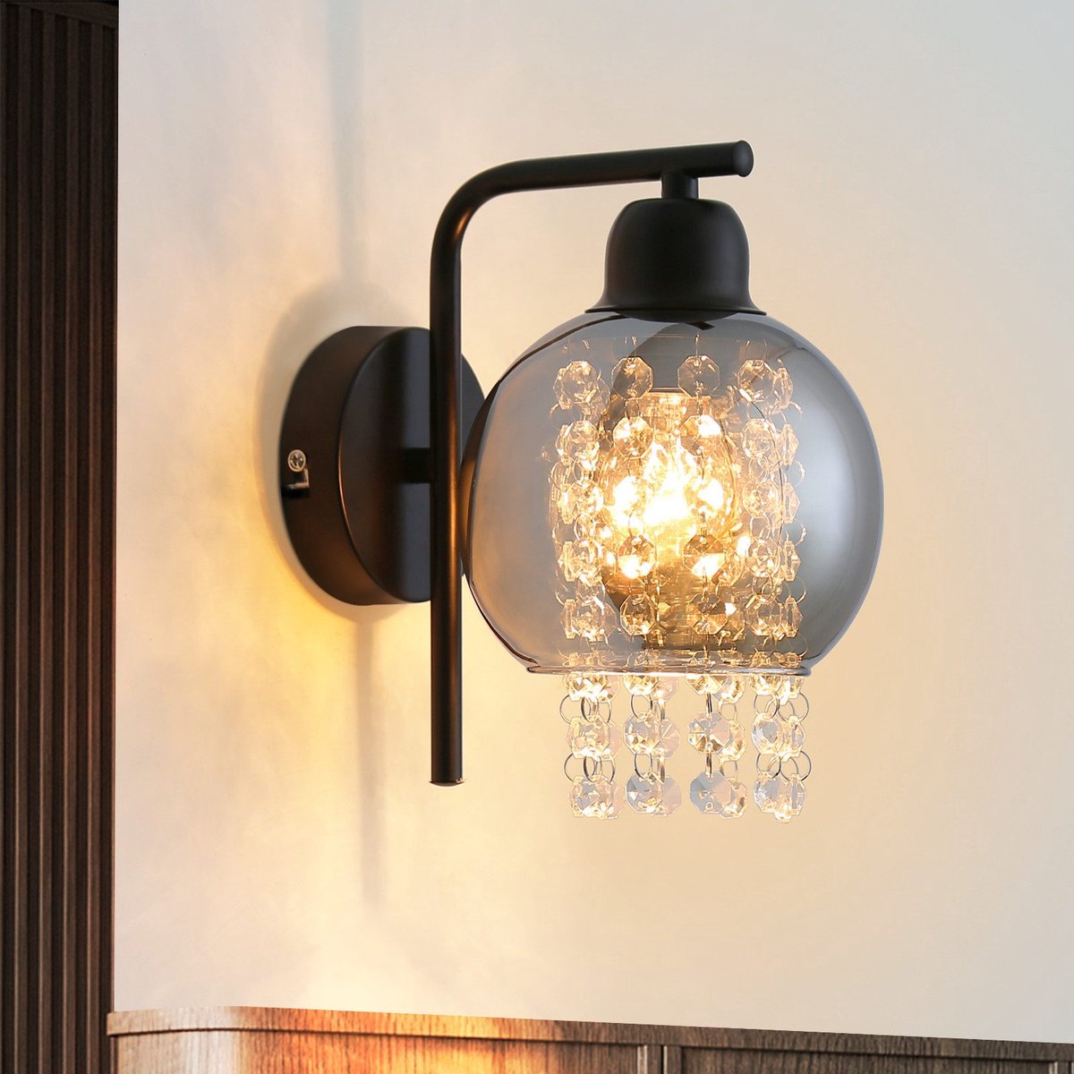 NETTLIFE Wandlamp E27 - Kristal - Rookgrijs - Modern Binnen Wandverlichting - Glazen Bol Design - Hallamp Max.40W - voor Slaapkamer | Bed | Woonkamer | Trappenhuis-excl. lichtbron
