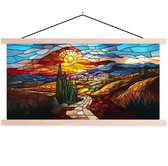 Posterhanger incl. Poster 60x30 cm - Schoolplaat - Mozaïek - Zon - Landschap - Dorp - Textielposter - Blanke latten