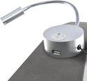 Zilverkleurige leeslamp met flexibele arm, aan/uit-schakelaar en USB-poort.