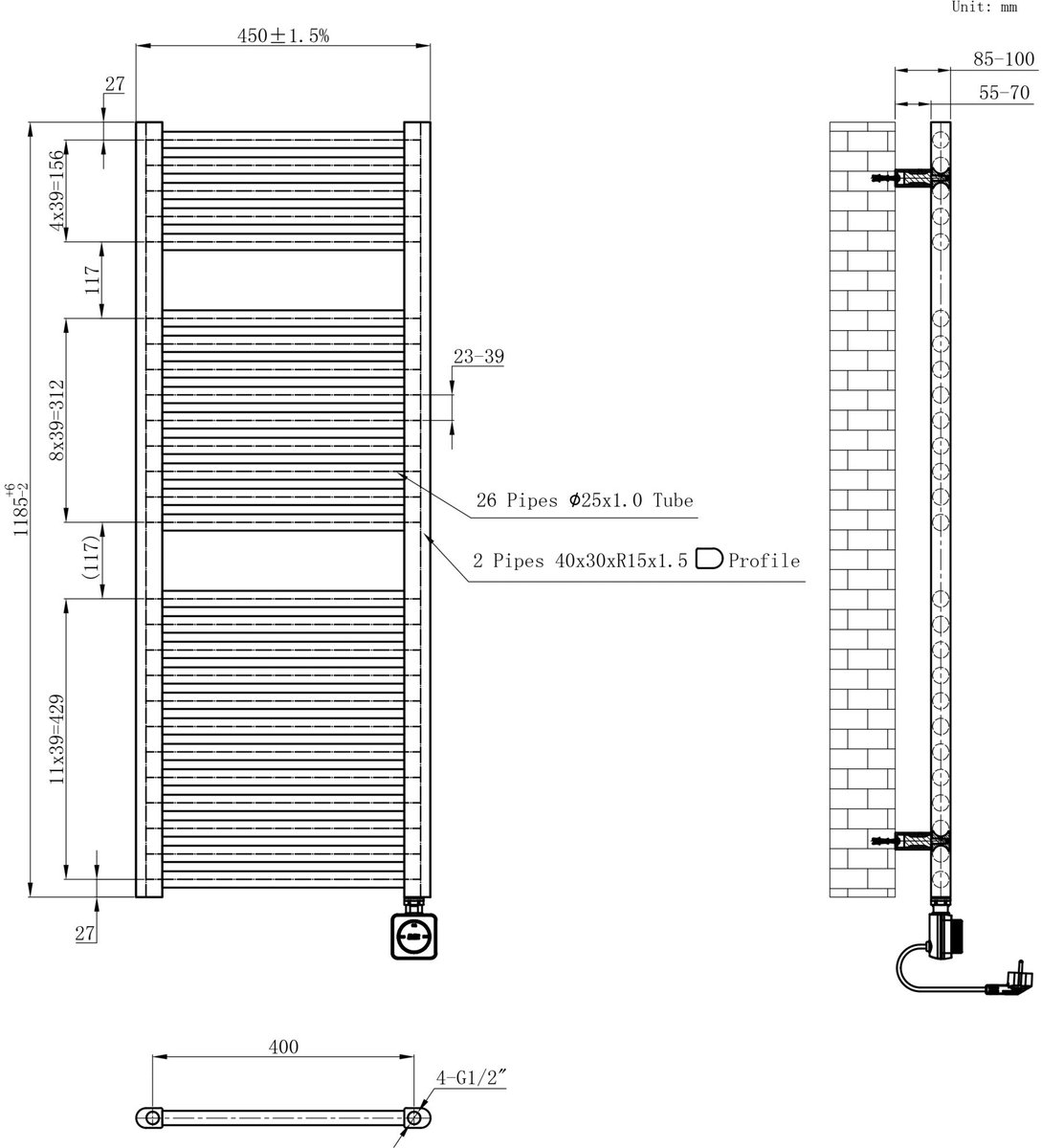 AquaVik Elektrische Radiator Värme Smart WiFi 118,5x45cm Snö Wit