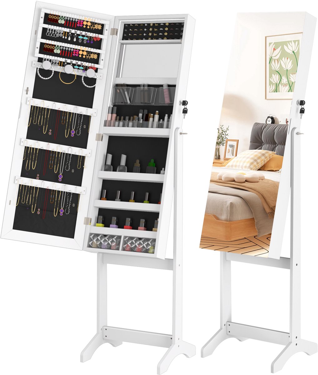 Juwelenkast met spiegel Staande spiegelkast met organisers voor make-up Afsluitbare opbergruimte voor sieraden - Wit