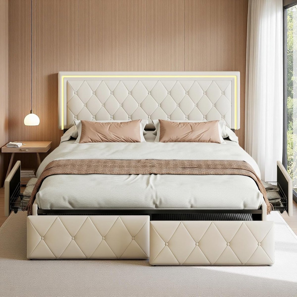 Gestoffeerd Tweepersoonsbed 140x200 cm met LED Verlichting en Vier Opbergladen