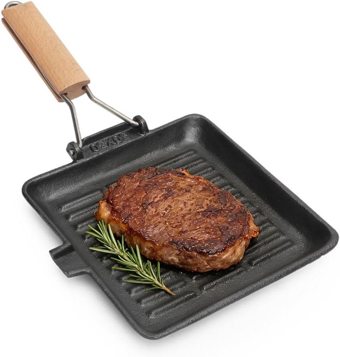 Gietijzeren Grillpan met inklapbare houten handgreep voor gasgrill en oven - Vierkante steakpan met grillpatroon