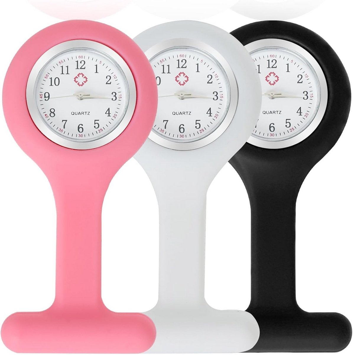 Siliconen zakhorloge met clip en beschermkap, 3 stuks dames fob horloge met broche voor zorgprofessionals, roze, zwart, wit