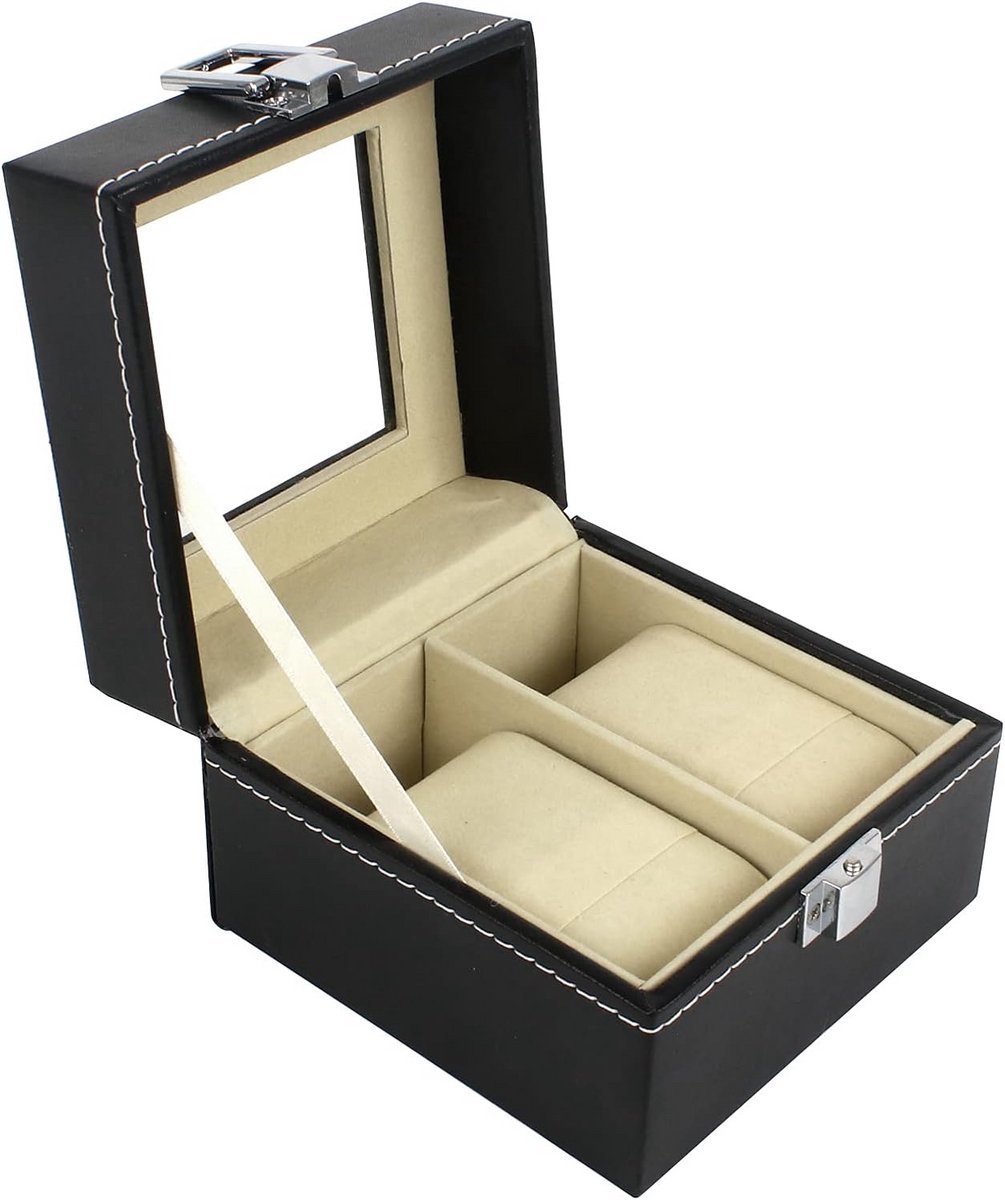 Horlogebox 2 vakken opbergdoos PU leer acryl glazen deksel afneembare kussens zwart