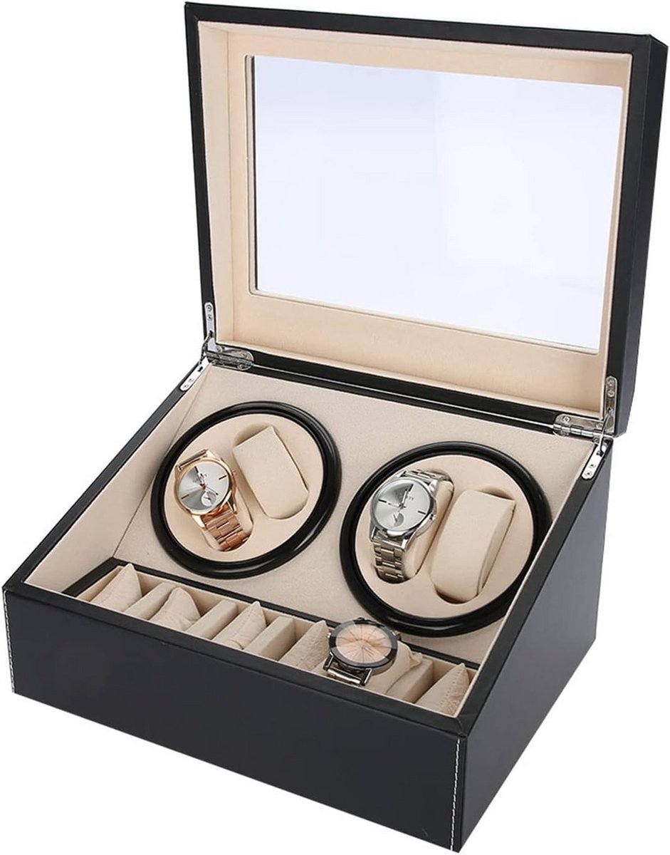 Horlogeopwinderbox met Stille Motor voor 10 Horloges - 4 Automatisch Opwinden, 6 Opbergvakken, Antimagnetisch, PU-leer, Zwart