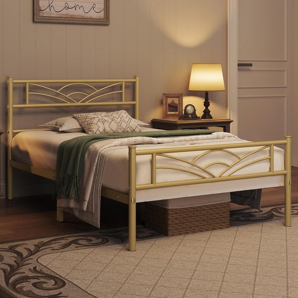 Stijlvol Metalen Bedframe met Lattenbodem - Modern eenpersoonsbed 90x190 cm - Antiek Goud