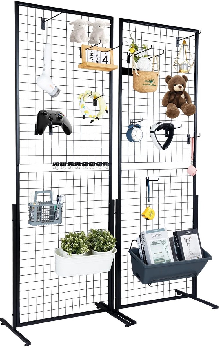 DIMICO - Display rek dubbelzijdig - Presentatie rek - Zwart - Gridwall met haken - Raster paneel - Opvouwbaar - 2 stuks -