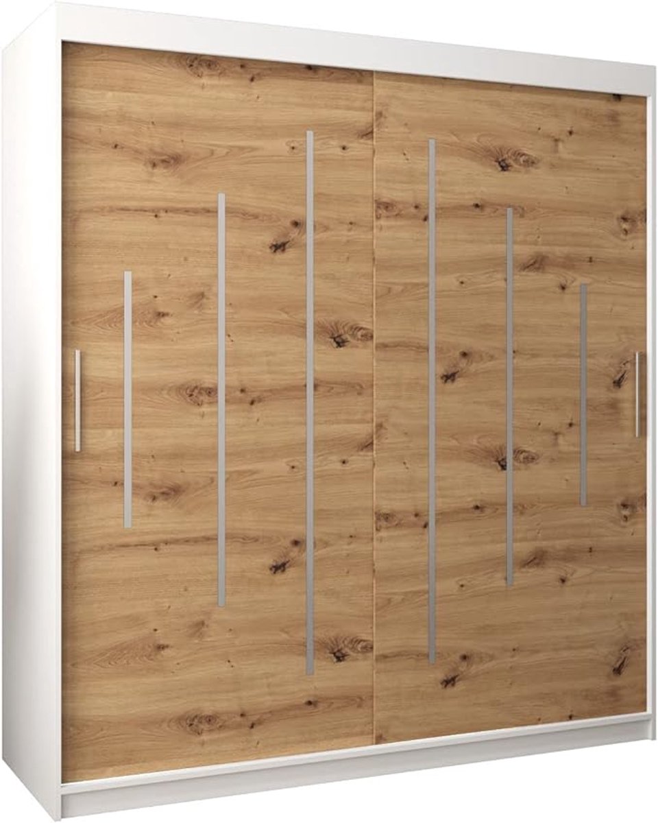Kledingkast 180 cm Breed x 200 cm Hoog x 62 cm Diep – Moderne Schuifdeurkast met Kledingstang en Inlegplanken, Wit + Artisan Eiken, Krasbestendig – Abkantoor