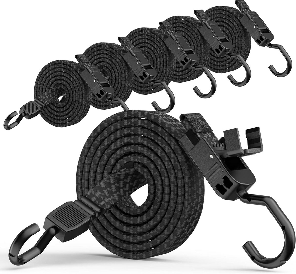 Set van 6 Verstelbare Spanbanden met Haken en Snelsluitgesp, Zwart