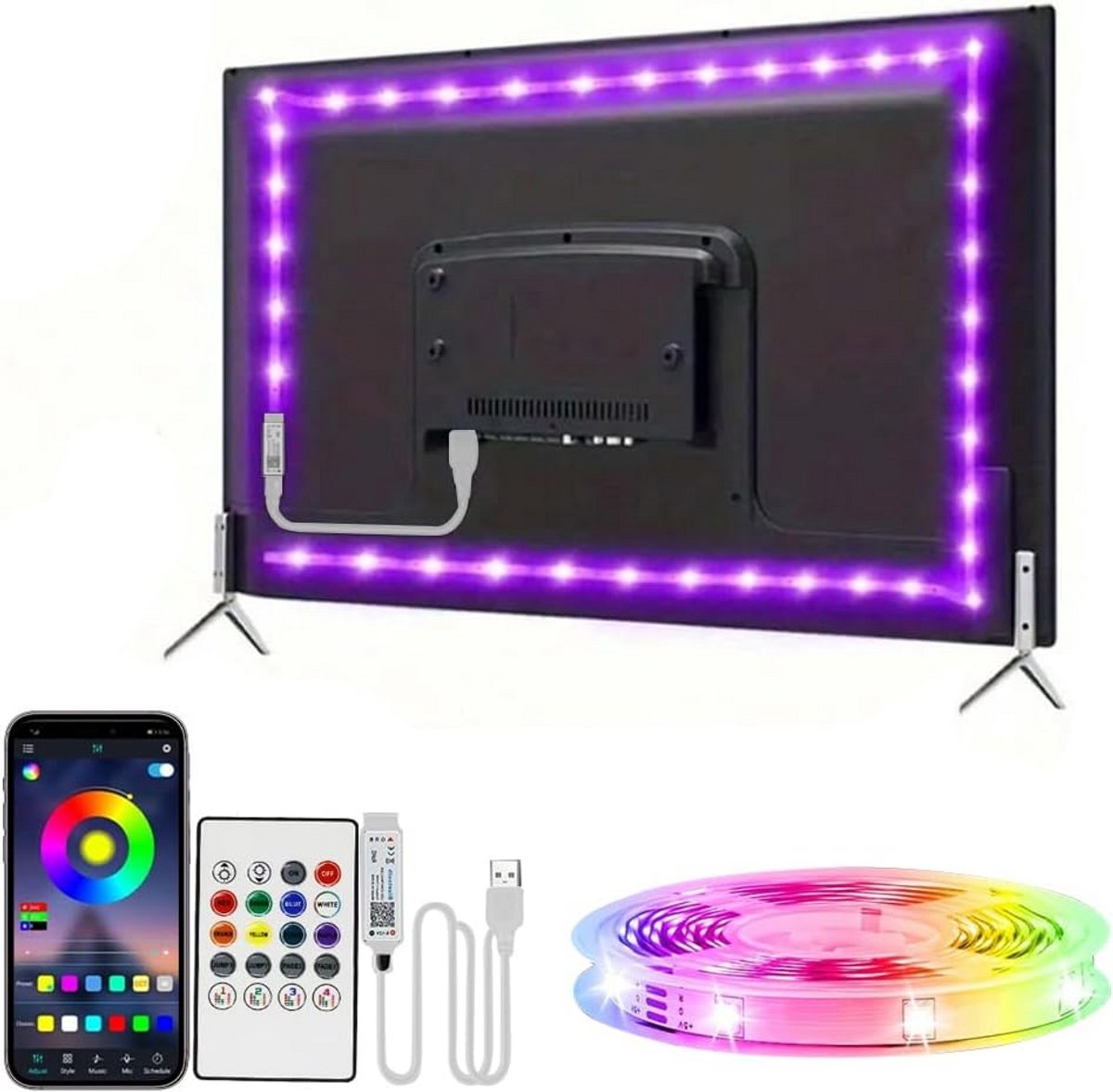USB LED TV Achtergrondverlichting 1 Meter met Muzieksynchronisatie en Afstandsbediening - RGB Kleuren voor 32-50 inch Schermen
