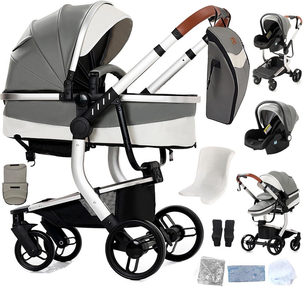 3-in-1 Kinderwagen met PU-Leer, Inklapbaar en Wendbaar