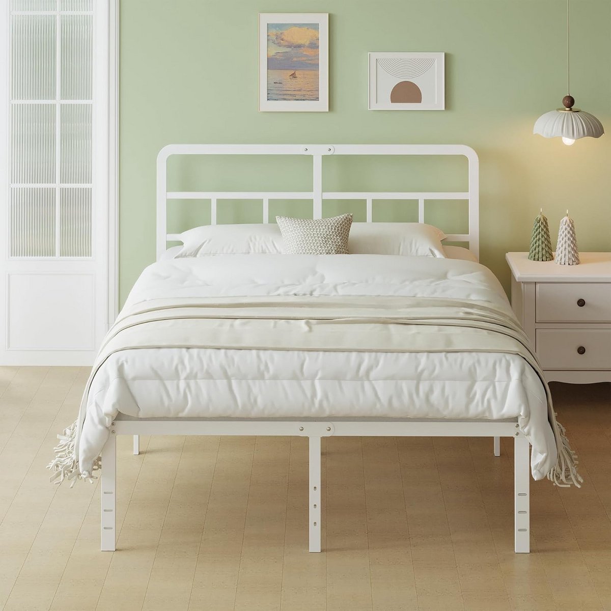 Bedframe 180x200 cm Wit met Gebogen Hoofdbord en Stalen Latten - Veel Opbergruimte