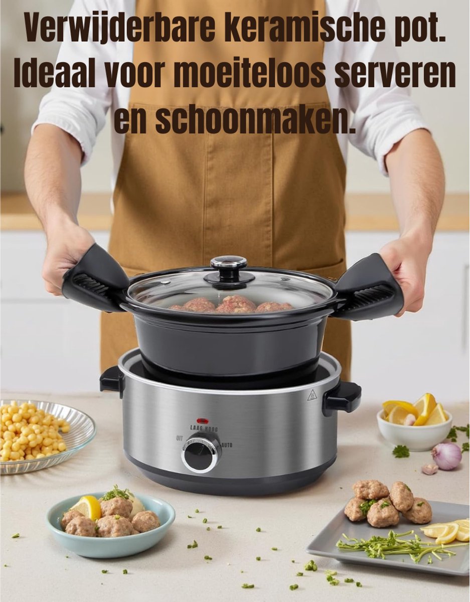 Florixa® Slowcooker met Timer - Zilver - 24cm x 31cm x 20cm - afbeelding 2