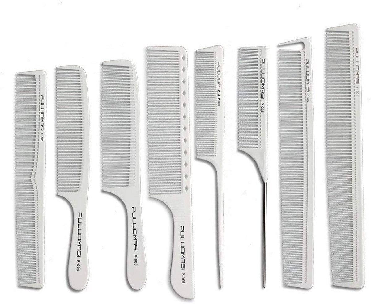 Professionele Hittebestendige Koolstof Kam Set van 8 voor Kappers en Styling
