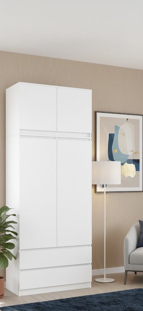 Luxe 4-Deurs Kledingkast met 4 Legplanken, 2 Laden en Kledingstang – Moderne Opbergkast voor Slaapkamer, Woonkamer en Hal – Grote Capaciteit – Wit 234 x 90 x 51 cm House&Garden