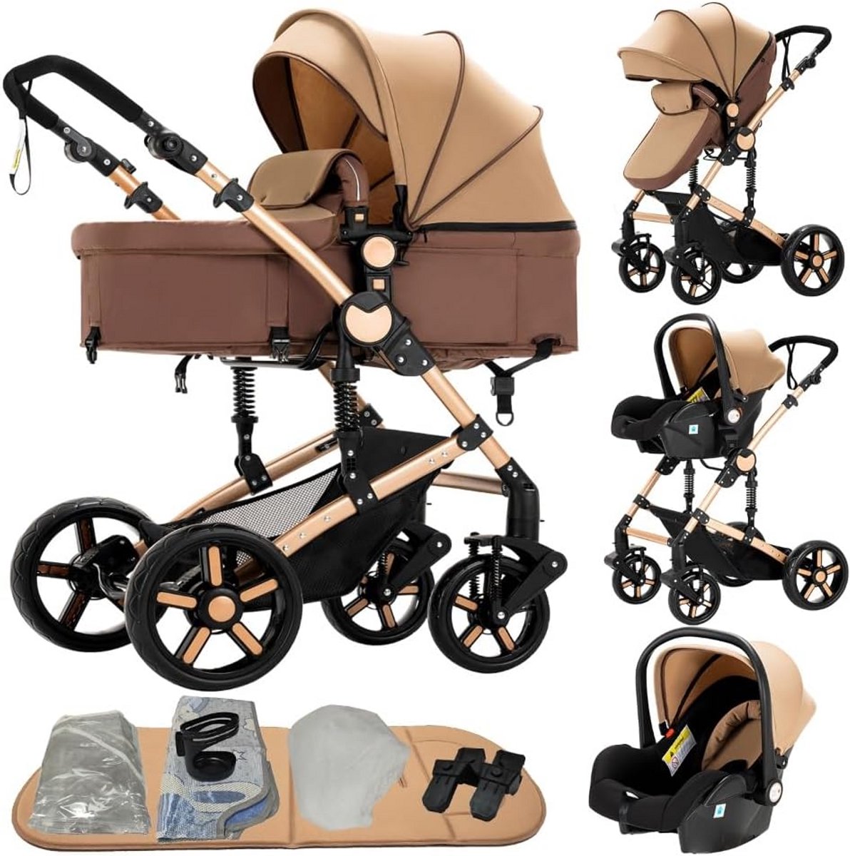 3-in-1 Omkeerbare Kinderwagen met Autostoeltje, Ligfunctie en Dubbele Vering - Zwart