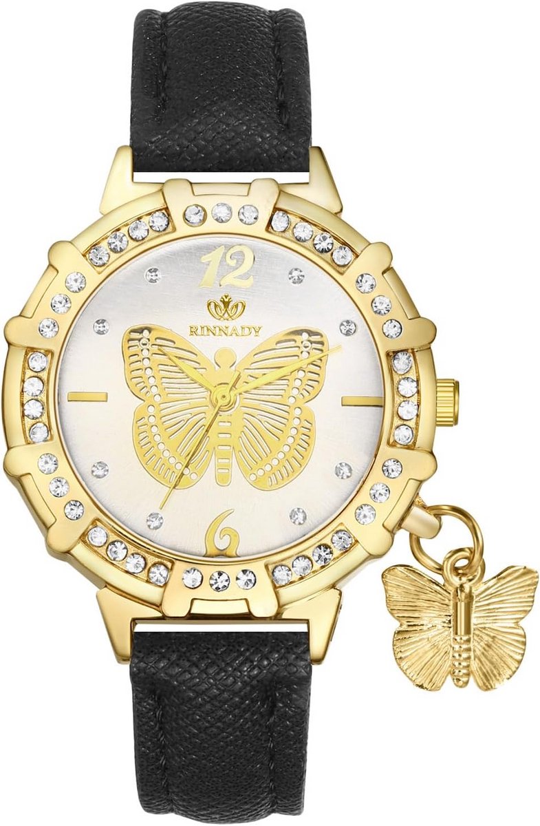 Dameshorloge met Vlinderhanger en Leren Band | Analoog Kwarts Strass Accent
