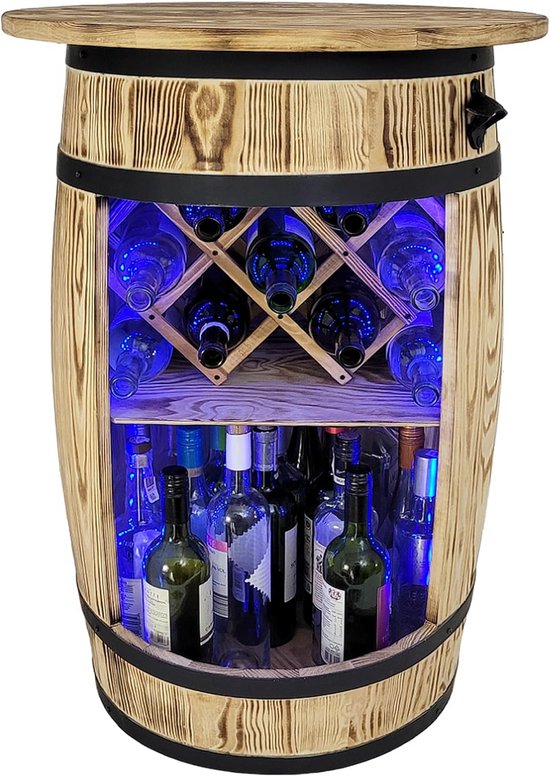 Houten vatbar met wijnhouder en RGB LED verlichting in blauw, gevuld met flessen wijn en sterke drank.